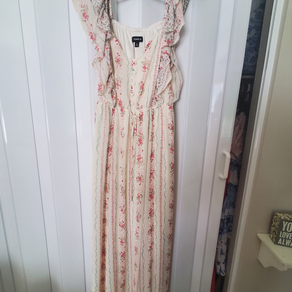 torrid Cream Maxi Dress with Pink Floral Stripes